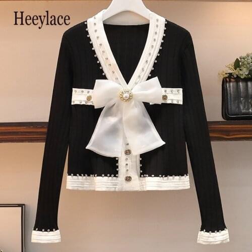 Plus Size Autumn Knitted Diamonds Cardigan Chic Fashion Women V Neck Mesh Big Beaded Bownot Black Button Loose Sweater Coat 5XL