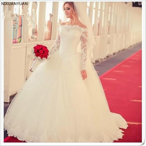 Robes De Mariage 2021 Princess Long Sleeve Wedding Dress Lace Appliques White Tulle Ball Gowns Vintage Wedding Dress