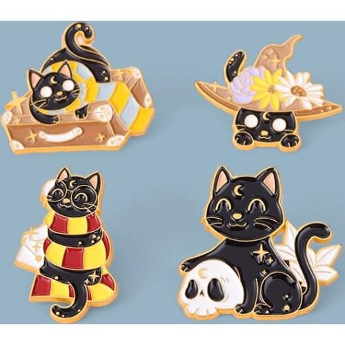 Punk Style Black Magic Cat Alloy Enamel Brooch Creative Fashion Suitcase Flower Hat Badge Pin Children Christmas Gift Jewelry