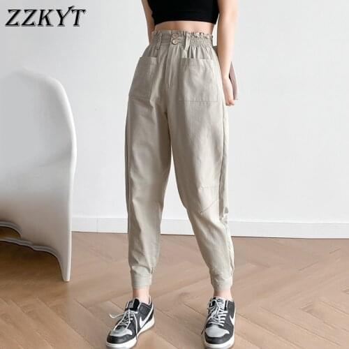 ZZKYT 2021 Women Summer Fashion Solid Pockets Sweatpants Pants Vintage Elastic Waist Female Harajuku Cargo Pants Trousers Ropa