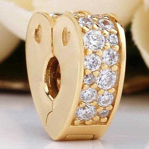 Original Gold Color Shine Arcs of Love Heart Clip Lock Stopper Bead Fit 925 Sterling Silver Charm Bracelet Diy Jewelry