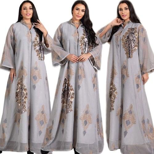 Dubai Muslim Women Long Dress Sequins Abaya Islamic Arabic Middle East Eid Ramadan Maxi Robe Gown Kaftan Elegant Loose Islamic