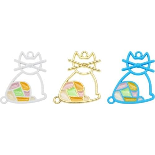 Julie Wang 6PCS Enamel Hollow Cat Charms Spray-painted Animal Connector Pendant Bracelet Earrings Jewelry Making Accessory