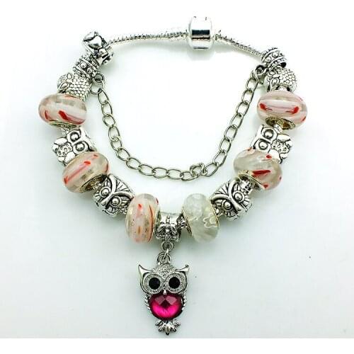 JINGLANG Latest Fashion Female Silver Plated Murano Ceramic Bead Owl Charm Fit European DIY Jewelry Bracelets For Women SL5715