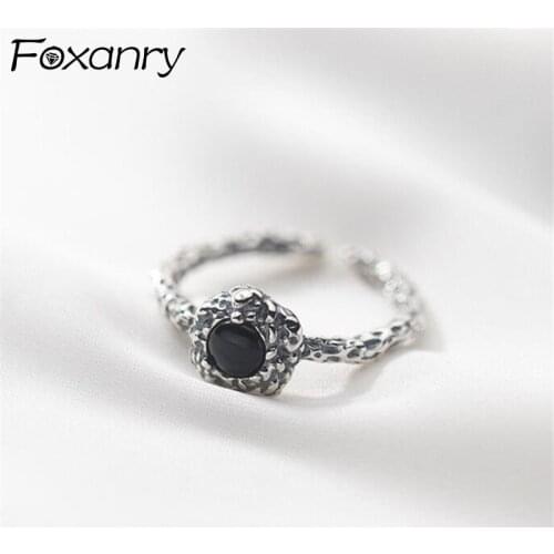 Foxanry 925 Sterling Silver Rings for Women New Trendy Sweet Vintage Charm Flowers Design Black Stone Thai Silver Party Jewelry