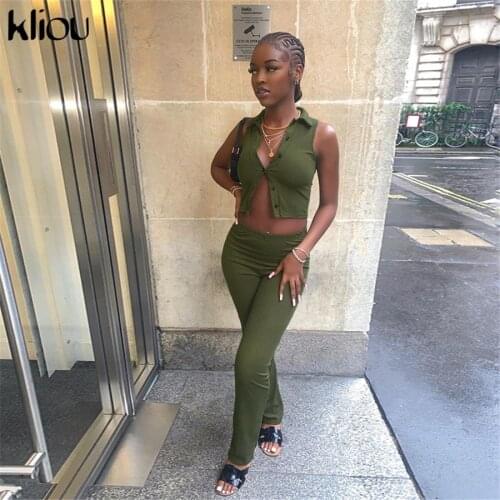 Kliou Ribbed Knitted Two Piece Set Women High Street Solid Single Breasted Sleeveless Polo-Neck Top+High Waist Sheath Slim Pants