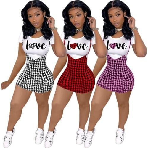 Summer Clothing Two-piece Set Women Sexy Letter Print T-shirt+houndstooth Sling Skirt Suits Club Outfit Streetwear Wholesale