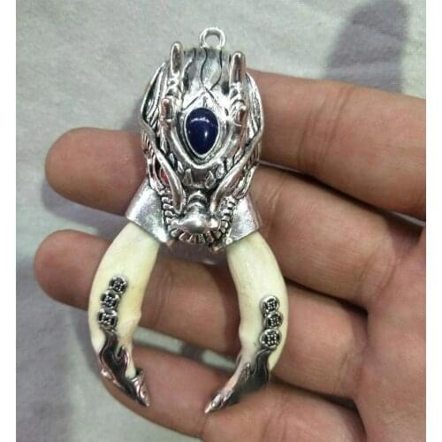 Fashion Women Men Antique Wolf Tooth Double Dragon Silver Pendant Necklace Talisman Pendant with Chain