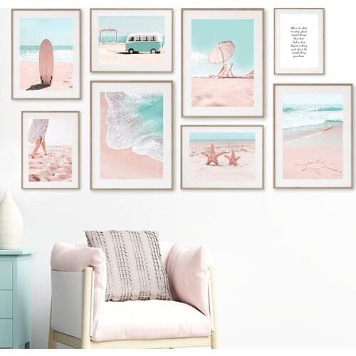 Wall Art Canvas Painting Girl Starfish Ocean Beach Surfboard Car Nordic Posters And Prints Pictures For Room Decoration
