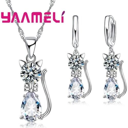 Real 925 Sterling Silver Jewelry Sets for Woman Girls Shining 7 Colors Austrian Crystal Cute Cat Pendant Necklace Huggie Earring