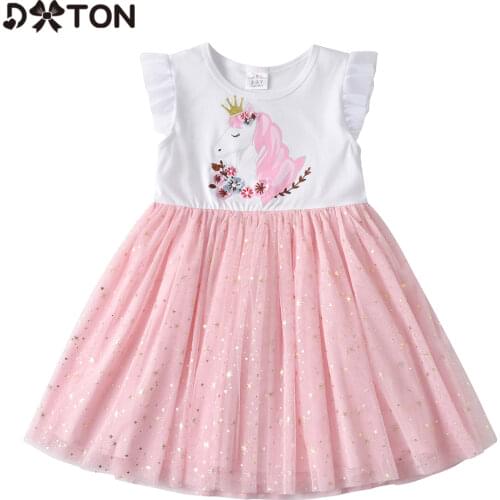 DXTON Toddler Girls Dress Summer Children Clothing Flare Sleeve Girls Tutu Dress Flower Kids Vestidos Girls Unicorn Party Dress