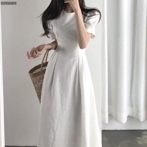 Cotton Linen Vintage Puff-sleeve Slim Waist Women Dress Elegant O-neck Zipper Female A-line Dress 2020 Solid Party Vestidos