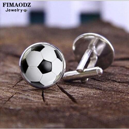 FIMAODZ Casual Soccer Mens Cufflinks Sports Team Ball Photo Glass Gem Silver Bronze Cuff Links Buttons for Boyfriend