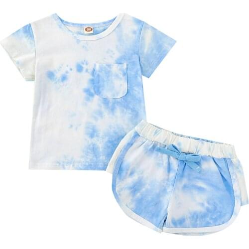 Citgeett Summer Kids Baby Girls Casual Suit Tie Dye Print Short Sleeve T-shirt Elastic Waist Bow Loose Shorts Clothes Set