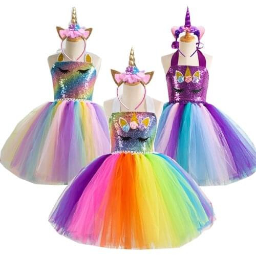 Rainbow Unicorn Girl Dress Party Flower Lace Dress Wedding Party Role Dance Show Dress2 3 5 7 8 12 Years children