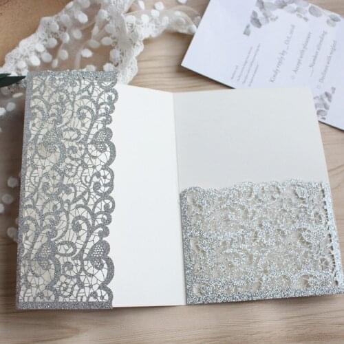 Luxury silver wedding invitations floral laser cut glittery pocket invitation box personalized printing