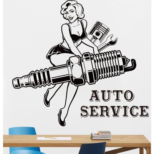 Sexy Girl Wall Sticker Auto Service Repair Car Piston Wrench Art Shop Decor Garage Interior Design Vinyl Wall Decal Y625
