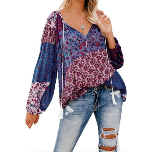 Spring New Fashion Women Blouse Long Sleeve V-neck Floral Print Plus Size Loose Female Vintage Street Wear Tops And Blouses