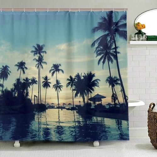 Sunset On The Tropical Shower Cutains Landscape Bathroom Curtains Ocean Beach Waterproof Mildew Proof Cloth Curtain with 12 Hook