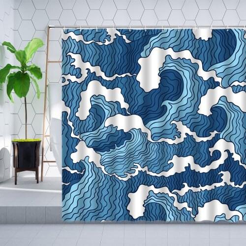 Creative Blue Sea Wave Shower Curtain Waterproof Cloth Ocean Wave Geometric Stripe Texture Bathroom Curtain Set Polyester Fabric
