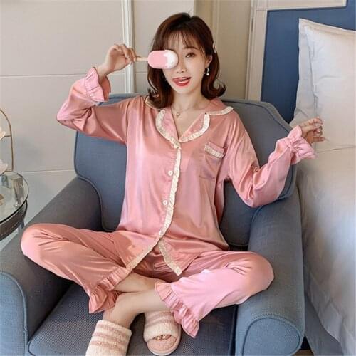 Pajamas womens long-sleeved two-piece suit sexy solid color thin rayon homewear casual temptation pajamas pijamas women