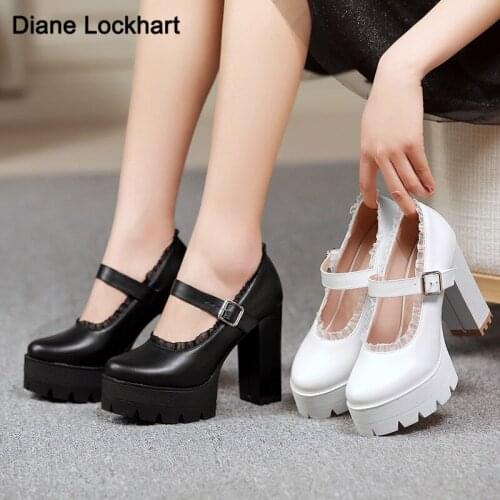 2021 New Spring Autumn Casual High-heeled Shoes Women Sexy Thick Heels Platform Round toe Buckle Pumps Lace Black White 34-43