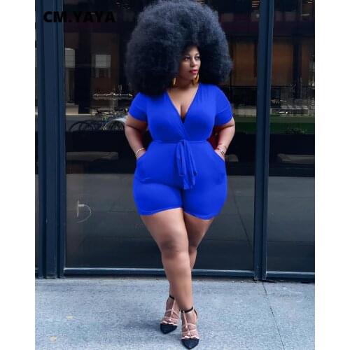 CM.YAYA Vintge Plus Size XL-5XL Womens Deep V-neck with Sashes Playsuit Streetwear Basic Romper Fashion Overall Outfits