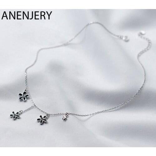 ANENJERY 925 Sterling Silver Drop Glaze Black Sun Flower Tassel Clavicle Chain Necklace For Women Party Jewelry Gifts S-N656