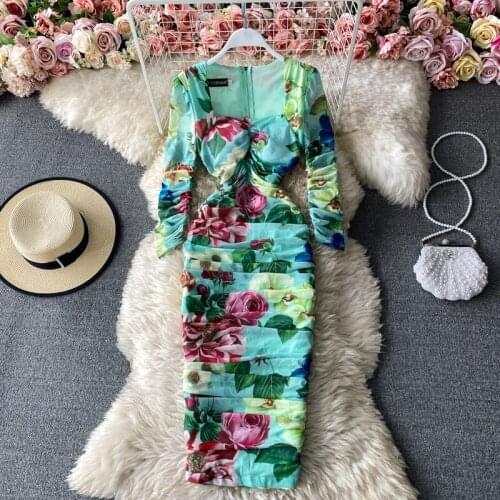 Womens spring summer runway fashion long sleeve flower print dress female square collar sexy slim chic travel dress TB1425