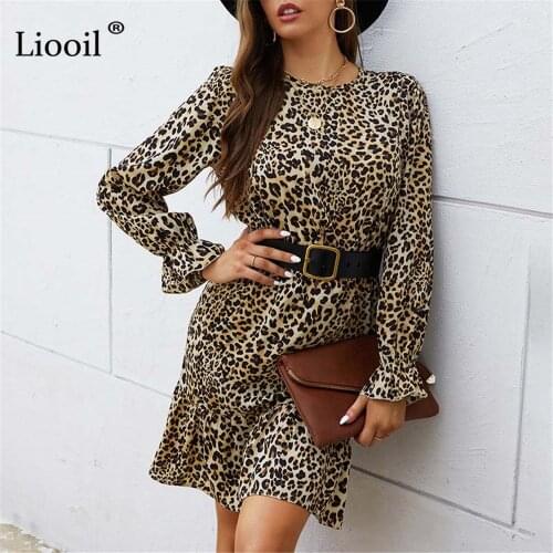 Liooil Leopard Print Midi Dress Casual For Women O Neck Long Sleeve Ladies Vacation Ruffle Dress Autumn Winter Streetwear 2021