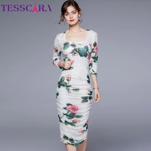 TESSCARA Women Summer Floral Mesh Dress Festa High Quality Long Elegant White Wedding Party Robe Femme Designer Pencil Vestidos