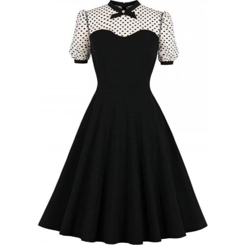 Halloween Night Elegant Black Vintage Pin Up 60s 50s Swing Dresses Women Dotted Short Sleeve Rockabilly Retro Dress 2021
