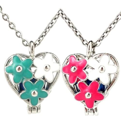 5colors Heart Flower Enamel Beads Cage Locket Pendant Perfume Diffuser Pearl Cage Necklace