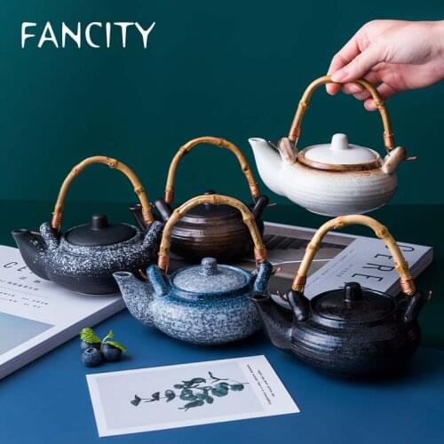FANCITY Teapot ceramic household tea maker Japanese set drinking cup teapot single pot simple bamboo handle portable