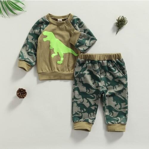 Baby Boys Spring Autumn New Clothes 2Pcs Outfits Trendy Dinosaur Print Long Sleeve Tops and Elastic Waist Pants Set