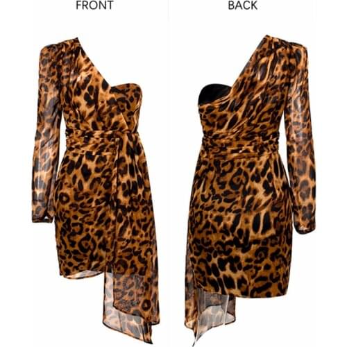 2019 Summer Fashion Sexy Brown Leopard Dress Women One Shoulder Long Sleeve Bodycon Dress Sexy Club Dresses Vestidos de verano