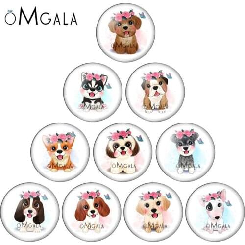 Cute Cartoon Dogs with Flowers Animals mixed 10pcs 12mm/18mm/20mm/25mm Round photo glass cabochon demo flat back Making findings