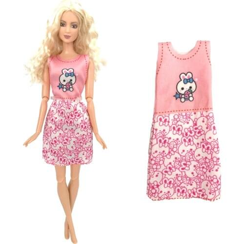 New 1 Pcs Elegant Dress Small Pink Dress With Cute Rabbit Pattern Sleeveless Shirt For Barbie Doll Accessories Toys 292E