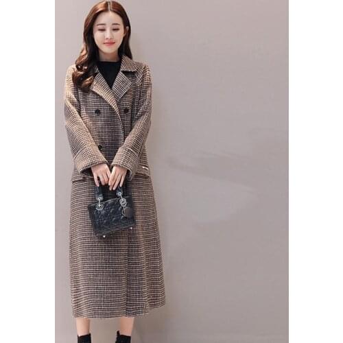 Plaid Wool Winter Coat Women Thick Warm Khaki Plaid Casual Long Coat Turn-down Collar Loose Soft 2021 New Female Jacket X198