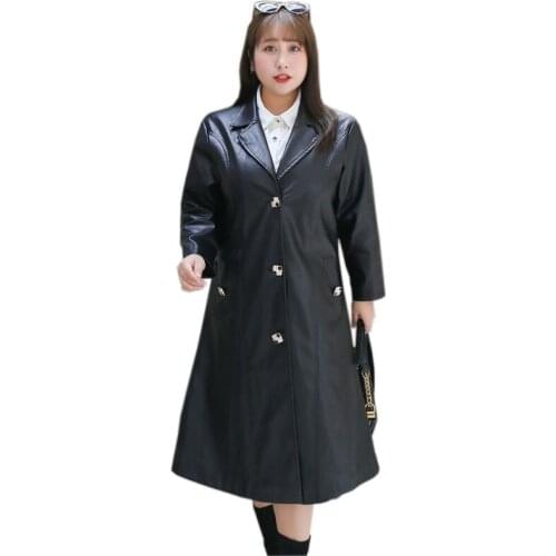 Oversize Washed PU Leather Jacket Autumn Winter Women Single-Breasted Slim Belt Black Faux Leather Coat Plus Size 4XL-8XL KW1025
