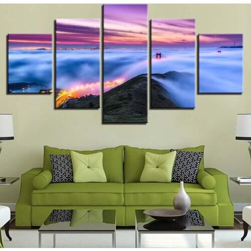 Golden State Bridge in the Clouds Canvas HD Prints Posters Home Decor Wall Art Pictures 5 Pieces Art Paintings No Frame