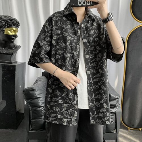 Printed Cashew Flower Shirt Mens Streetwear Hiphop Japanese Summer Casual Tops Loose Coat Short Sleeve Shirts Thin Male Clothes