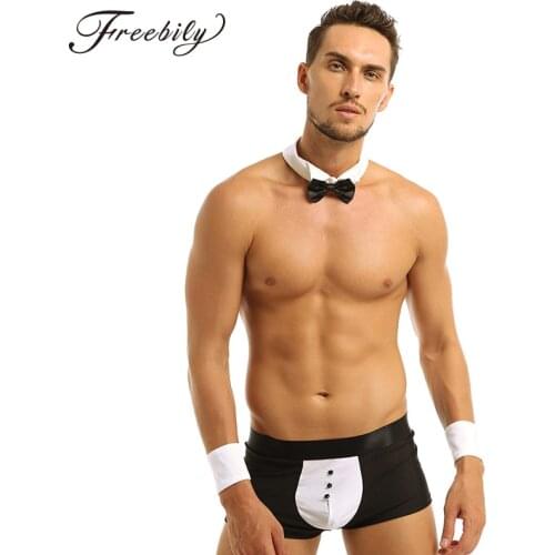 Sexy Lingerie Mens Bowknot Cute Boxer Shorts Erotic Hot Waiter Costume Cosplay Bow Tie Underwear with Bow Tie Collar + Bracelets