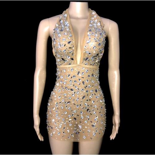 Bright Silver Crystals Mesh Sexy Dress Birthday Celebrate Stones Clothes Female Singer Evening Transparent MINI Dress
