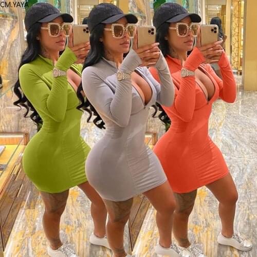 CM.YAYA Women Zipper Up Long Sleeve Sport Mini Bodycon Midi Dress Sexy Party Bandage Classic Fashion Dresses Vestidos