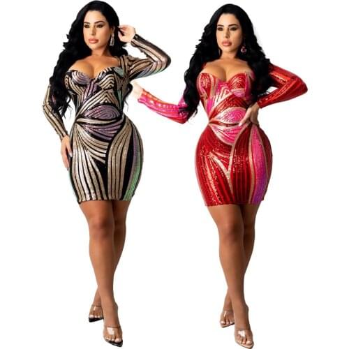 Adogirl Sequined Sexy Party Mini Dress Long Sleeve Bodycon Short Vestidos Women Performance Uniforms Night Club Robes Clothing