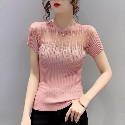 Diamonds Thin Knitted T Shirt Female Hollow Out 2021 Fashion Women Summer Sexy Tops Bright Wire Tee Shirt Femme Woman Clothes