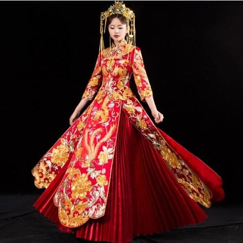Oriental Asian Bride beauty Chinese traditional Wedding Dress Women Red Floral Long Sleeve Embroidery Cheongsam Robe Qipao style