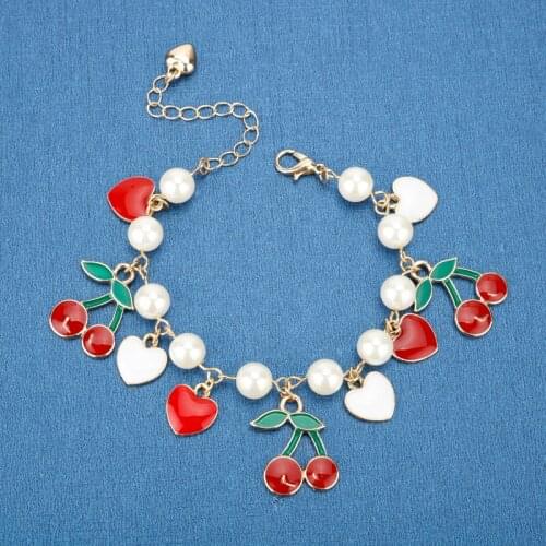 Alloy Jewelry Sweet Cherry Bracelet Fashion Summer BOHO Bracelet Heart Love Red Cherry Fruit Lover Wristband Women Girls Gift
