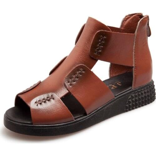 Shoes Woman Plus Size 35-43 Real Cow Leather Mesh Sandals Female Summer New Style Flat Fish Mouth Roman Flat Heel